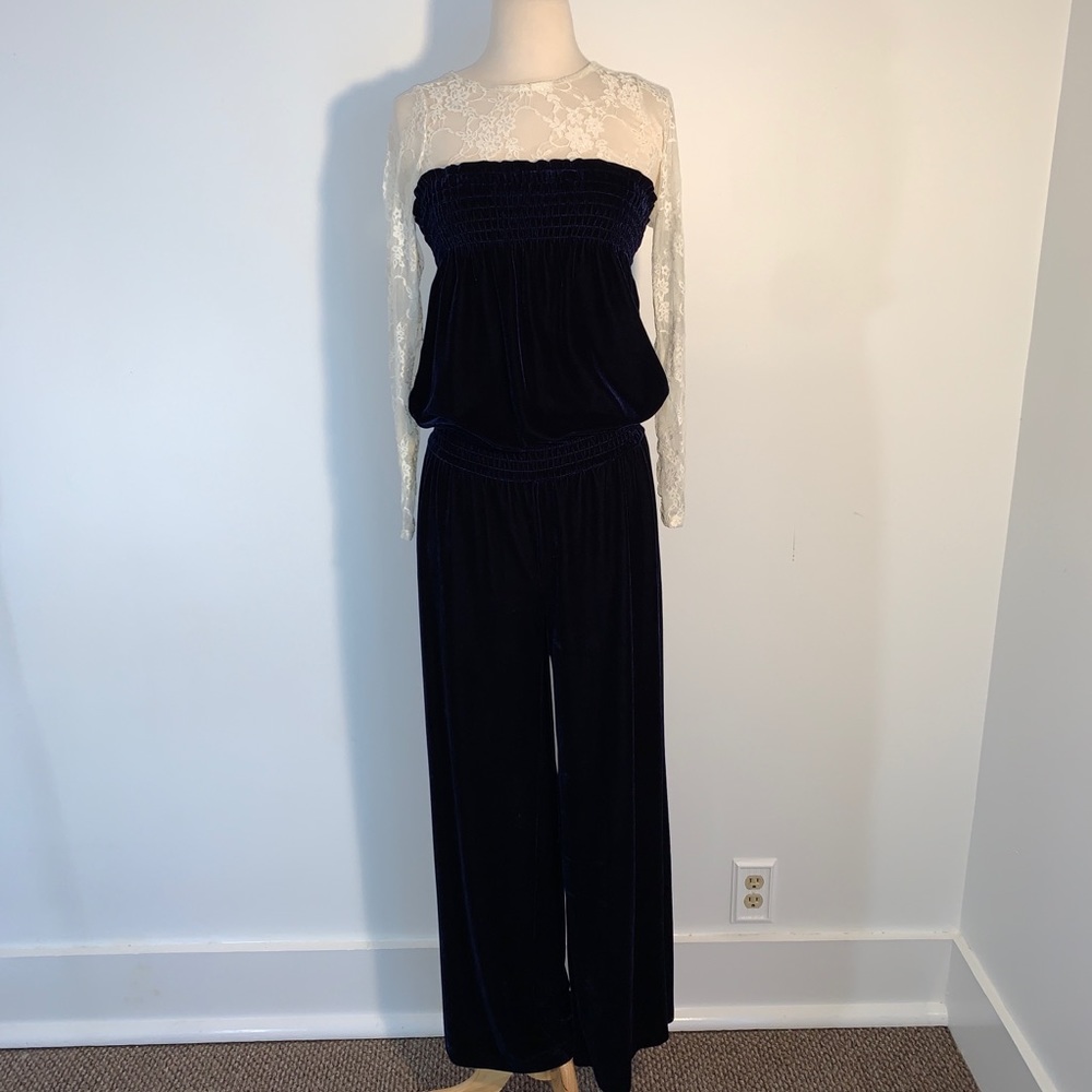Blue Velour Strapless Jumpsuit